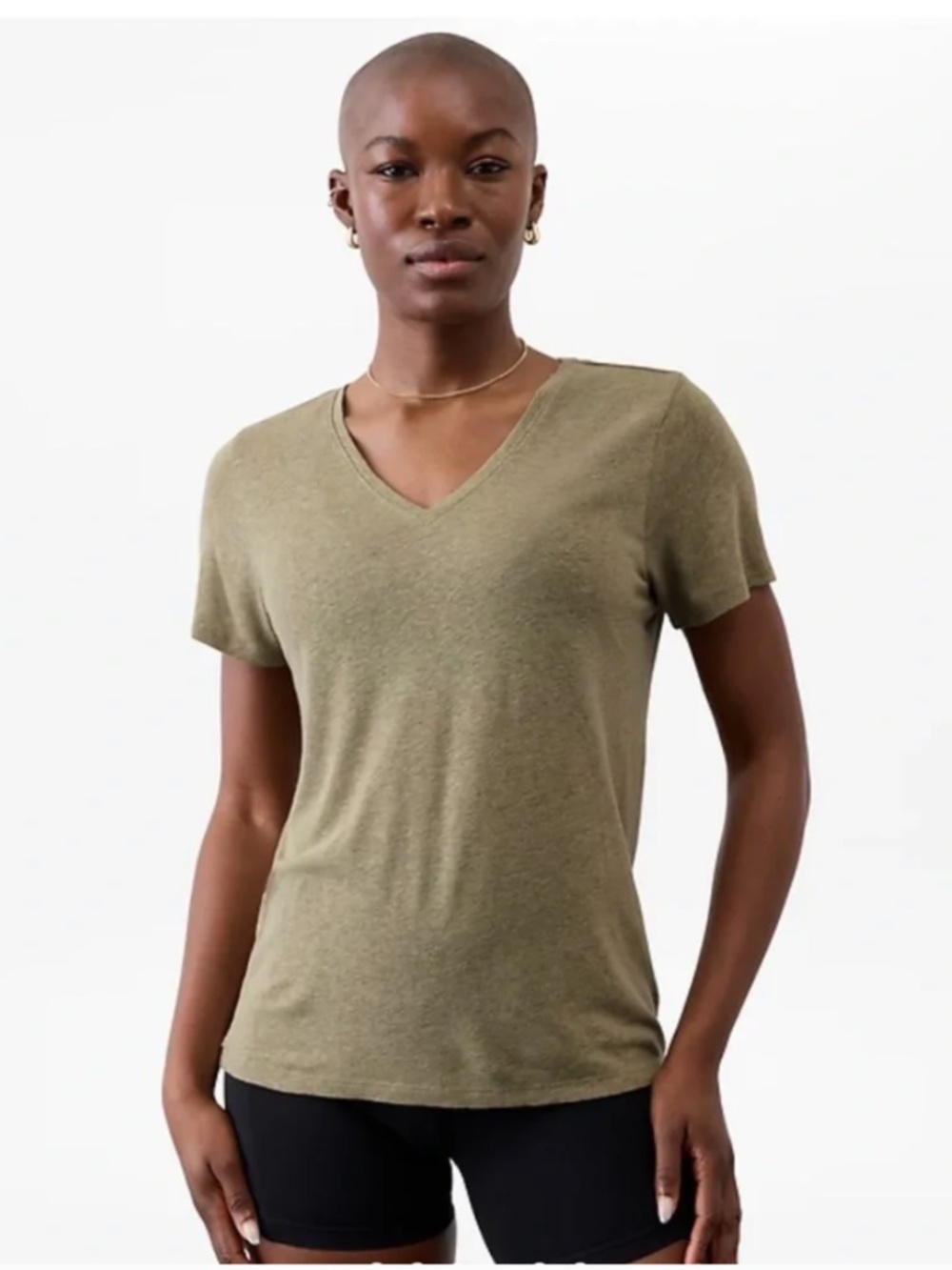 NWT Athleta Getaway Linen Blend V-Neck Tee, Olive, S